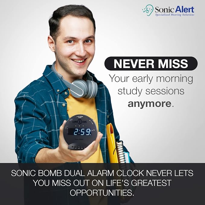 Sonic Alert Sonic Bomb Dual Alarm Clock with Bed Shaker, Black Vibrating Alarm Clock Heavy Sleepers, Battery Backup | Wake with a Shake - Image 8