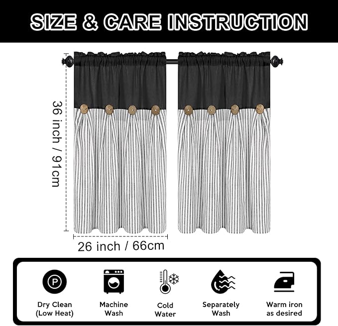 ASPMIZ Cotton Linen Farmhouse Kitchen Curtains, Black with Grey Stripe Tier Curtain 36 Inch Lenth, Boho Rustic Button Short Curtains for Small Window, Half Window Curtain for Kitchen Cafe, 2 Panels