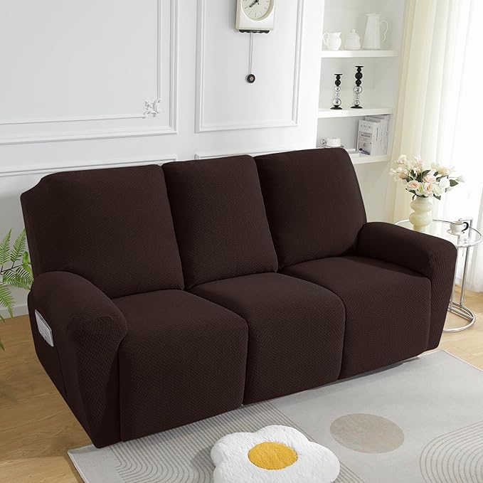 JIVINER 8-Piece Recliner Sofa Covers Stretch Jacquard Couch Covers for Recliner Slipcovers for Living Room 3 Cushion Soft Recliner Protector with Pocket (Sofa Recliner, Dark Coffee)