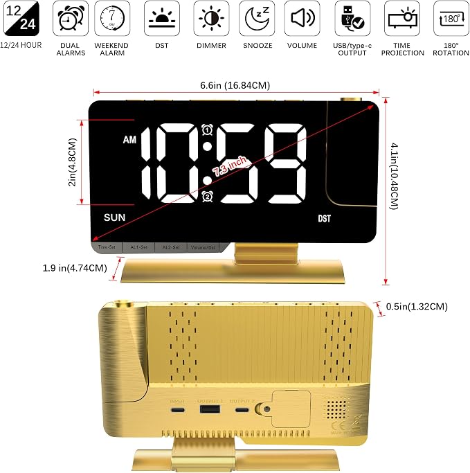 Projection Alarm Clock for Bedroom Ceiling, Gold Digital Clock Room Decor - Image 2