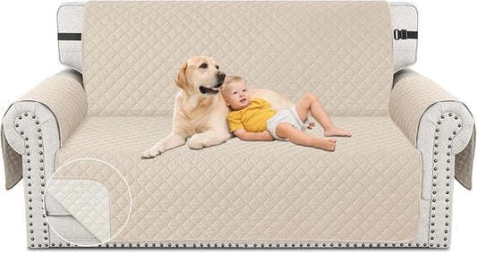 XINEAGE Loveseat Sofa Cover Waterproof Couch Covers for 2 Cushion Couch, Soft Washable Slipcover with Pockets & Non-Slip Elastic Straps, Thick Furniture Protector (Loveseat, Beige)