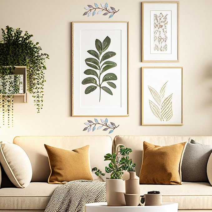 Zhengmy 2 Pieces Metal Tree Leaf Wall Decor Vine Olive Branch Leaf Wall Art Living Room, Hallway Wall Decor Outdoor Decoration(Blue Brown Colors)