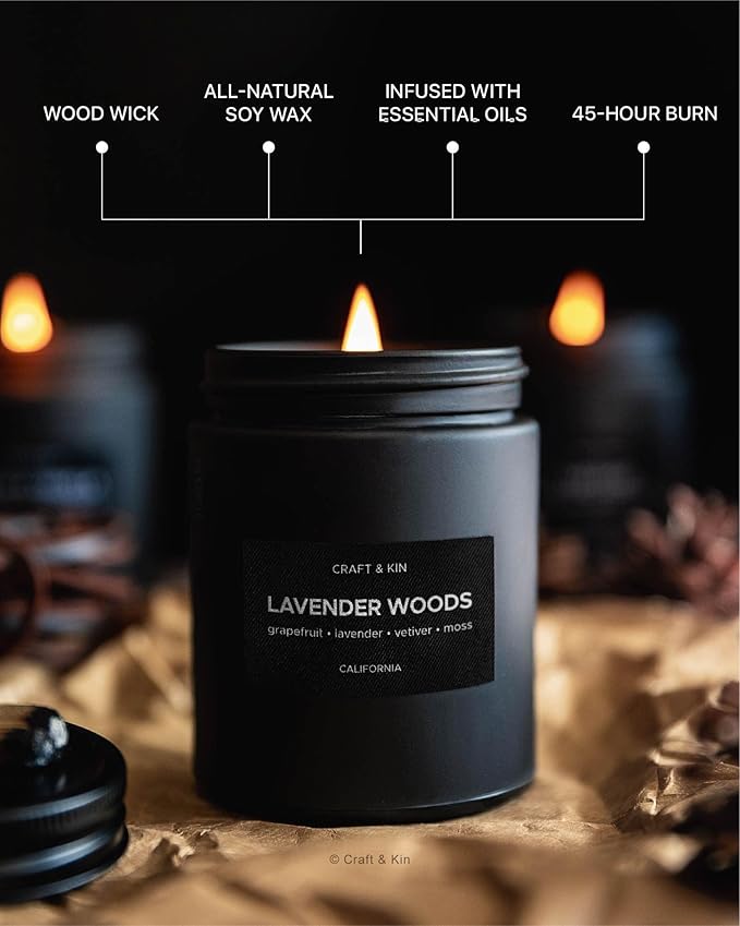 Craft & Kin Premium Lavender Woods Candle | Black Scented Candles for Men | Long Lasting with 45 Hour Burn Time, 7.6oz | Soy Candle | Aromatherapy at Home | Gifts for Men