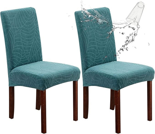 Genina Waterproof Chair Covers for Dining Room, Stretch Jacquard Dining Chair Slipcovers Removable Washable Chair Protector for Kitchen, Hotel, Restaurant (Leaves-Peacock Blue, 2 PCS)