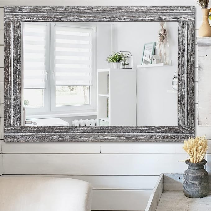 AAZZKANG Rustic Mirror Large Wood Framed Wall Mirror 70 x 50cm Rectangle Bedroom Bathroom Farmhouse Vanity Mirror