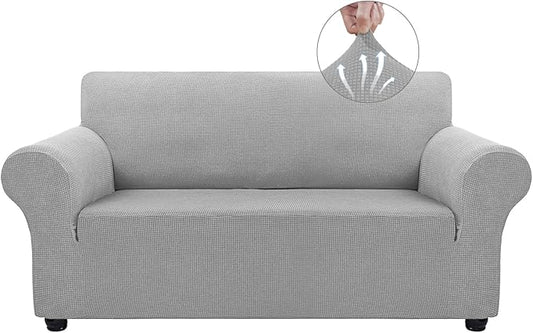 Asnomy Sofa Covers for 2 Cushion Couch Stretch loveseat Covers Slipcovers, Pet Protector Furniture Covers for Dogs Cats Spandex Jacquard Fabric Small Checks （Medium，Silver）