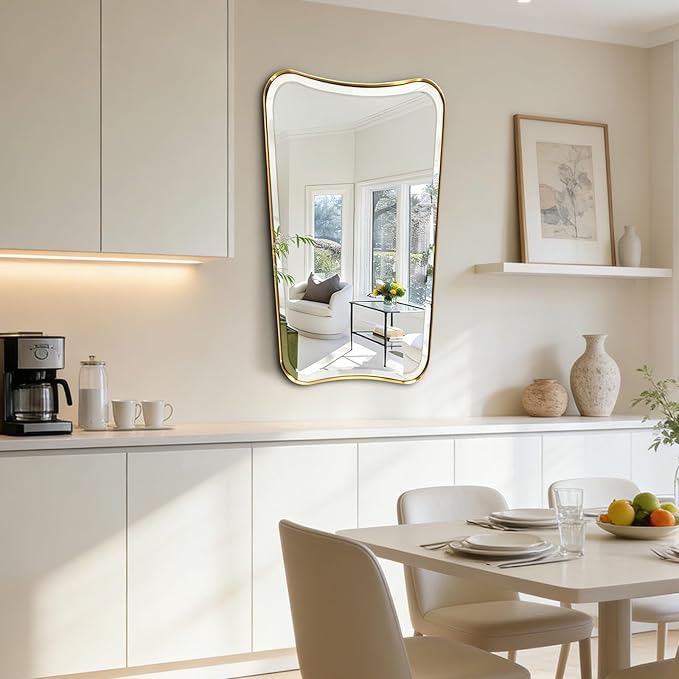 POZINO Brushed Gold Beveled Mirrors, 24"x40" Bathroom Vanity Mirror for Over Sink, Butterfly Shaped Mirrors Decorative, Modern Rectangle Aesthetic Wall Mirror for Living Room Bedroom Hallway Entryway