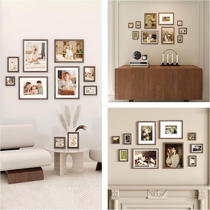 Egofine Picture Frame Set 10 Pack, Picture Frames Collage Wall Decor with Two 12x16,Two 11x14,Two 5x7,Two 4x6,Two 4x4 for Wall and Tabletop, Made of Solid Wood, Covered by Plexiglass, Rustic Brown