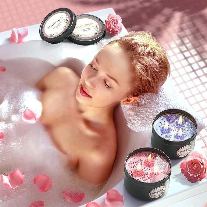 Scented Candles Set with Crystal, 3 Wick Candle 19 oz Soy Wax Aromatherapy Meditation Candles, Large Manifestation Candle with Large Energy Stones, Birthday Gifts for Women