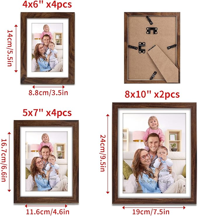 Giftgarden Brown Picture Frames with Mat for Multiple Sizes Photos, Four 4x6, Four 5x7, Two 8x10, Assorted Gallery Frame Collage for Wall or Tabletop, Set of 10