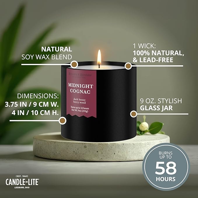 Candle-lite Rugged & Refined Scented Candle for Men, Midnight Cognac, 9 oz Tin, Poured in The USA, Masculine Fragrance, 1-Wick, 58 Hours of Burn Time, Ideal Gift for Man in Your Life & Father's Day