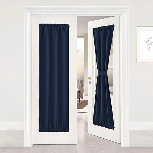 NICETOWN Blackout French Door Curtain - Thermal Insulated Side Door Window Curtain Panel Drape for Front Entry Way/Kitchen/Dining Room/Bathroom, Navy, 1 Panel, 25W by 72L inches