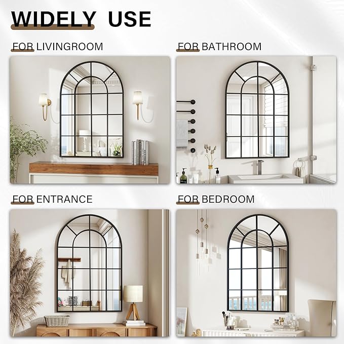 24"×36" Windowpane Arched Wall Mirror, Grid-Designed Decorative Farmhouse Wall Mounted Mirror with Metal Frame Hanging Leaning for Entryway, Living Room, Home Decor, Black
