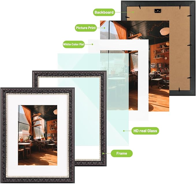 Golden State Art, 12X16 Ornate Finish Photo Frame with White Mat for 8X12 Picture & Real Glass, Color: Black with Silver & Burgundy