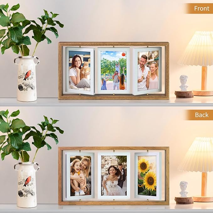 ZEEYUAN 4x6 Rotating Picture Frame Desktop Rustic 4x6in Wooden Photo Frames, Double Side-Display 6 Photos, Floating 4x6 Collage Family PictureFrame for Tabletop Display