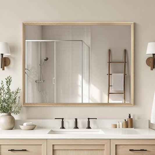 Oak Wood Effect Framed Wall Mirror, 30x40 Rectangle Mirror, Anti-desilvering Tempered Glass, Sustainable& Sturdy Frame, Farmhouse Mirror, Anti-Rust, 3min Fast Setup for Bathroom Living Room