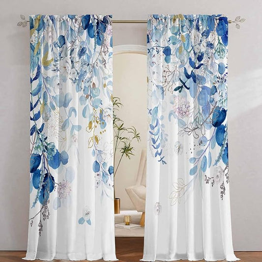 Blue Botanical Curtains 96 Inches Long for Living Room Watercolor Eucalyptus Leaves Light Filtering Curtains Spring Summer Blue and White Drapes for Bedroom Farmhouse Leaf Floral Printed Door Curtain