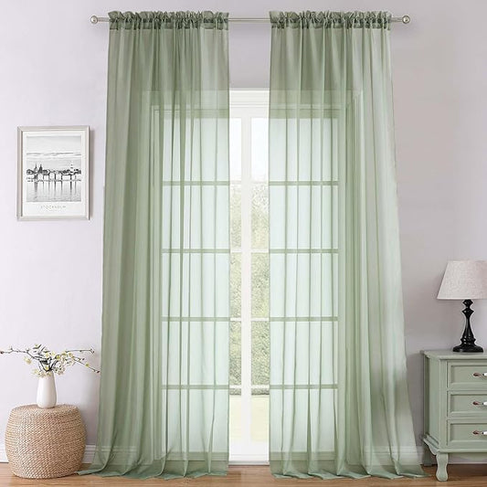 Lecloud Sage Green Sheer Curtains 108 Inches Long 2 Panels, Extra Wide Airy Voile Sheer Curtains, Elegant Rustic Light Filtering Window Curtain Drapes for Living Room Balcony, 59" W x 108" L