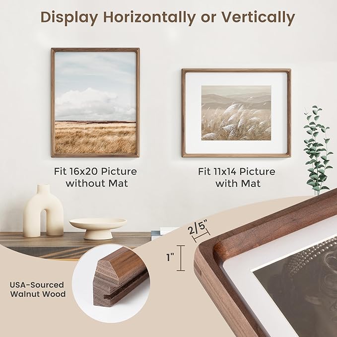 16 x 20 Picture Frame, USA-Sourced Walnut Wood Photo Frames with HD Tempered Glass, Handcrafted Rounded Corner 16x20 Wooden Frames Matted to 11x14 Photos, Horizontal or Vertical Wall Display