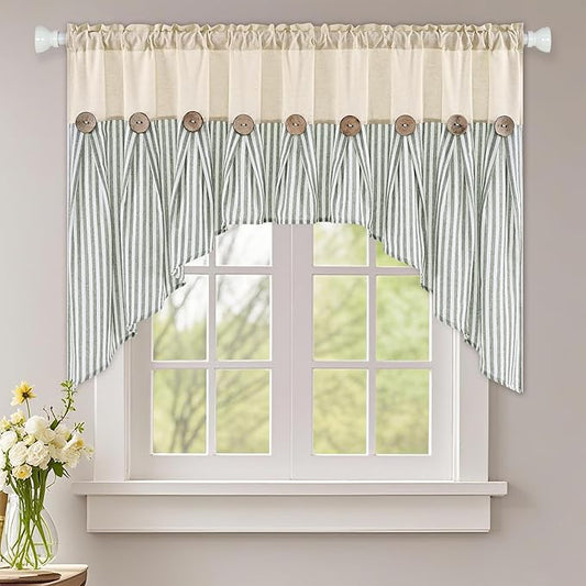 ASPMIZ Farmhouse Cotton Linen Swag Valances for Windows, Boho Rustic Kitchen Curtains Valances with Buttons, Green Striped Window Treatments Curtain Valance for Bathroom Cafe, 61 x 36 Inch, 1 Panel