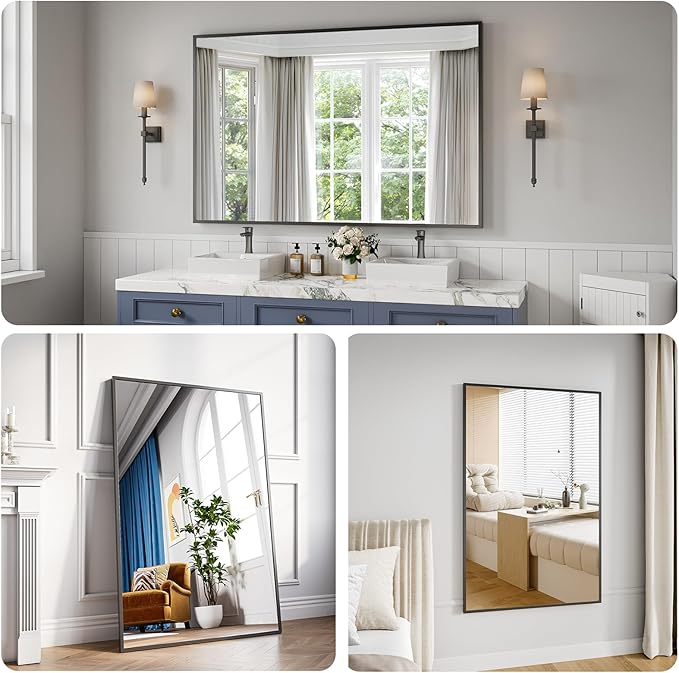 Koonmi Bathroom Mirror 36x55 Matte Black Rectangle Bathroom Mirror for Over Sink, Modern Large Vanity Mirror, HD Tempered Glass, Anti-Rust Aluminum Alloy Frame, for Living Room, Bedroom, Entryway