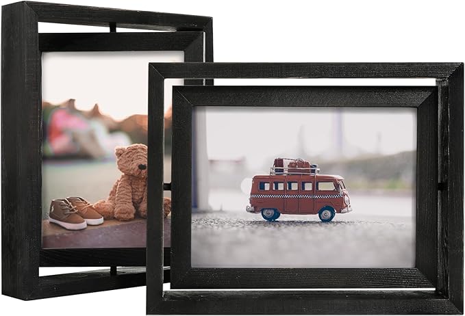 Egofine 2 Pack 6x8 Rotating Floating Picture Frames,Double-Sided Display with HD Glass Front Wooden Distressed Frame for Vertical or Horizontal Tabletop Display, Black