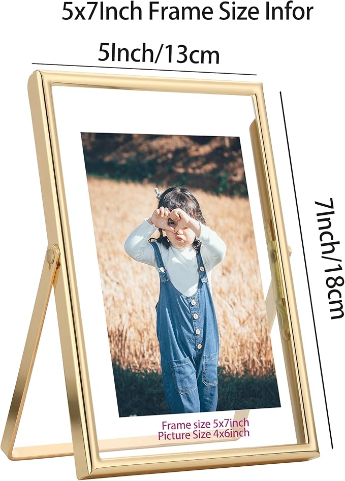 Gold 5x7" Floating Frame 2pack for Photo Sizes(3.5x5'',4x6'')for Adjustable Tabletop/Shelf Photo Frame,4x6'' Classy Gift floating frames for Wedding,Christmas,Birthady,Home or Office Decor.