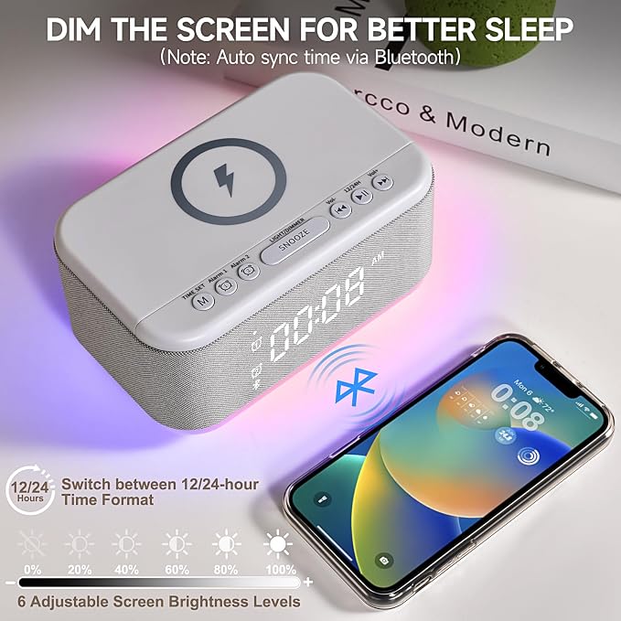 Alarm Clock Speaker Wireless Charger, Digital Alarm Clocks Bedrooms Bluetooth, Alarm Clock Dimmable Light Bedrooms Dual Alarm Snooze Dimmer 12 24H RGB Night Light Bluetooth USB AUX, Gray - Image 3