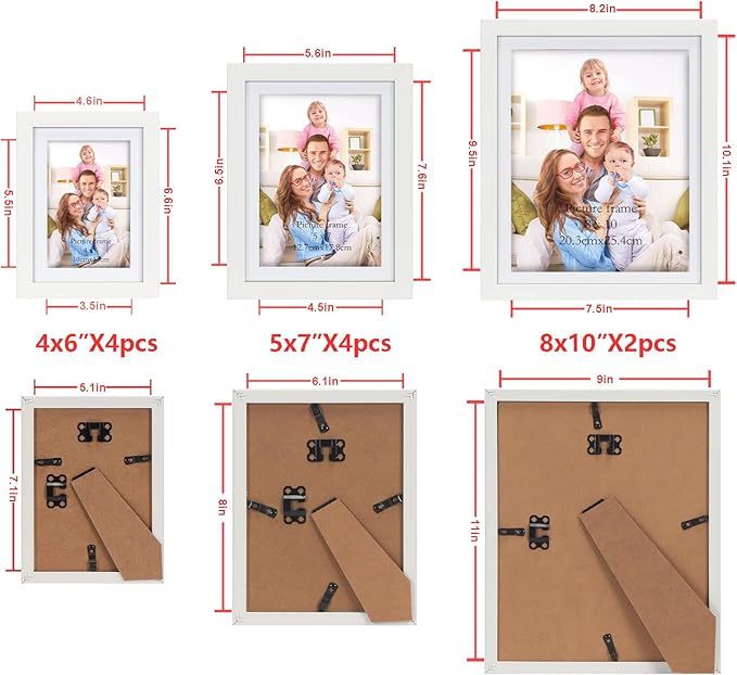 Giftgarden White Multi Picture Frames with Mat for Multiple Sizes Photos, Four 4x6, Four 5x7, Two 8x10 for Gallery Photo Frame Collage Wall or Tabletop Display, Assortment Set of 10
