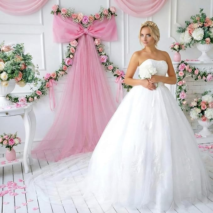 Canlierr Extra Large Pink Organza Bow Decorations 39 x 59 Inch Giant Pink Tulle Bow with Tie and Long Ribbon Tails for Wedding Valentines Party Backdrop Coquette Room Wall Decoration