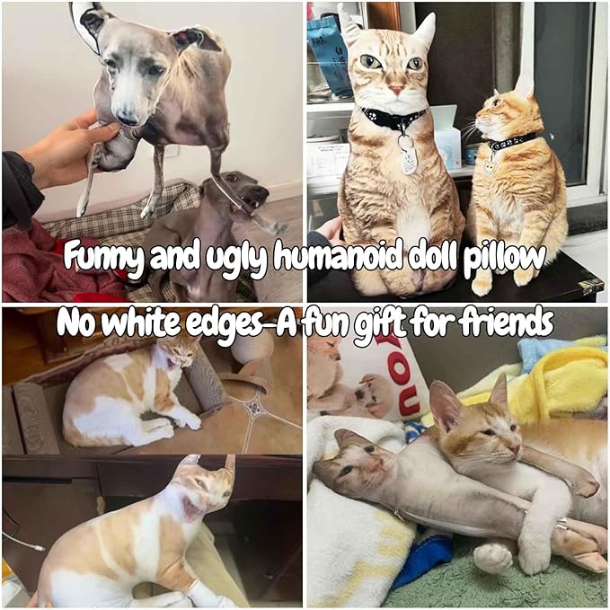 FETNHU Customized Ugly Pet Pillow - DIY Abstract Personalized Funny Cute Cat Dog Pillow - No White Edges, Stuffed Animals of Your Pet, Funny Gifts for Friends