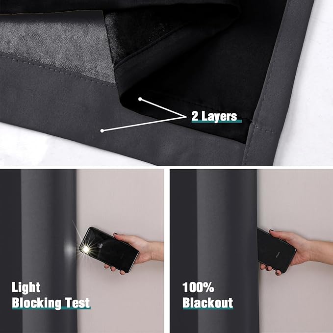 ChrisDowa 100% Blackout Curtains 63 inch Long for Bedroom with Black Liner, Extra Wide 2 Thick Layers Total Blackout Thermal Insulated Grommet Window Curtains 2 Panels Set (Dark Grey, 60 x 63 Inch)