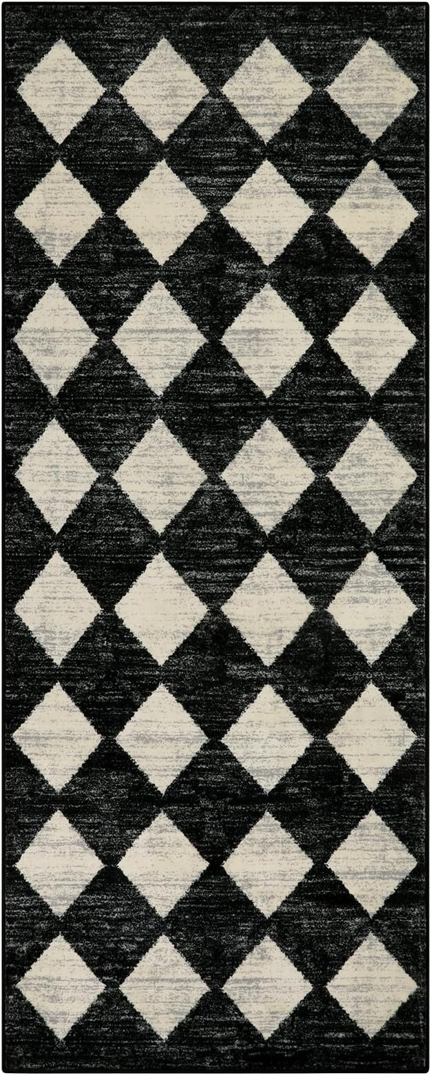 Lahome Zelie Washable Black and White Kitchen Runner Rug, 2x5 Soft Non Slip Laundry Room Bathroom Runner Rugs, Moroccan Trellis Low Pile Carpet Runners for Entryway Bedside