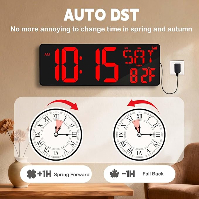 Digital Wall Clock Large Display: 16.5" LED Digital Clock Bluetooth Sync with Remote Control Temperature Date Week Auto DST, Big Wall Clock for Bedreeom Kitchen Living Room Office Gym, Red