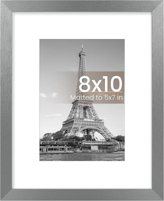 upsimples 8x10 Picture Frame, Display Pictures 5x7 with Mat or 8 x 10 Without, Wall Hanging Photo Frames, Metallic Gray, 1 Pack