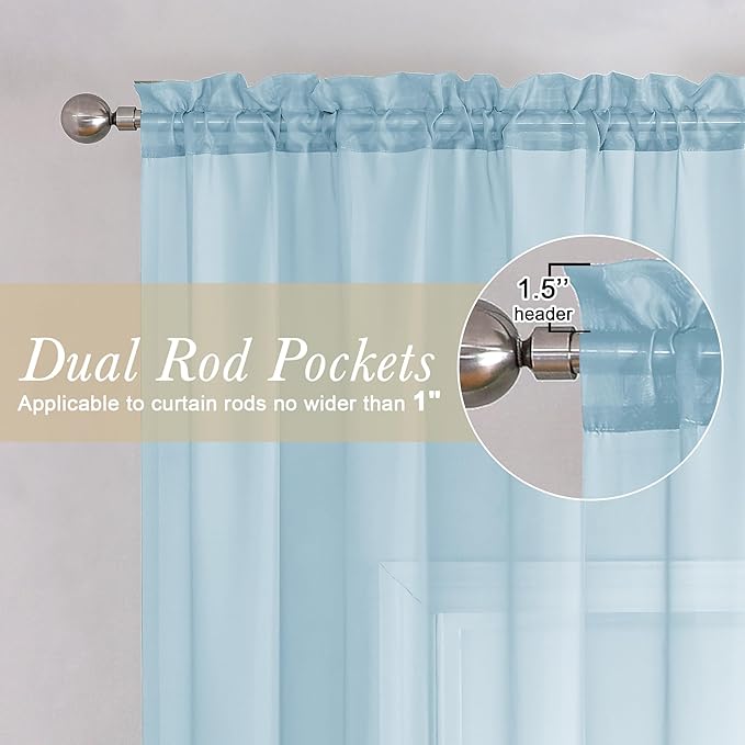 Lecloud Sky Blue Sheer Curtains for Bedroom 54 Inch Length 2 Panels, Durable & Soft Touch Solid Voile Curtain with Dual Rod Pockets, Bathroom/Kitchen/Living Room Window Gauzy Drapes, 40W x 54L