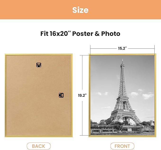 upsimples 16x20 Picture Frame Gold 3 Pack, Scratch-Proof Poster Frames 16 x 20 for Photo Gallery - Slide-In Strips, Horizontal or Vertical Wall Mounting