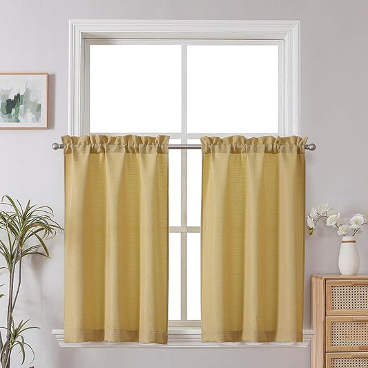 Chyhomenyc 2 Panels Gold Kitchen Curtains 36 Inch Length, Faux Linen Textured Small Cafe Curtain, Light Filtering Short Window Curtains for Bathroom Basement, Each 30x36 inch