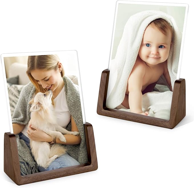Mixoo 5x7 Picture Frame 2 Pack - Double Rustic Vintage Wooden Picture Frames 5x7 inch with Walnut Wood Base and High Definition Break Free Acrylic Glass Covers for Tabletop or Desktop Display ( 5x7 inch, Vertical + Vertical)