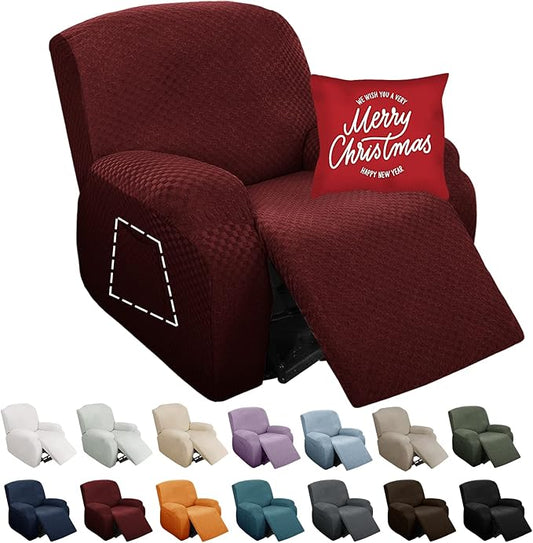YEMYHOM 4 Pieces Stretch Recliner Slipcover Latest Jacquard Recliner Chair Cover with Side Pocket Anti-Slip Fitted Recliner Cover Couch Furniture Protector with Elastic Bottom (Recliner, Wine Red)