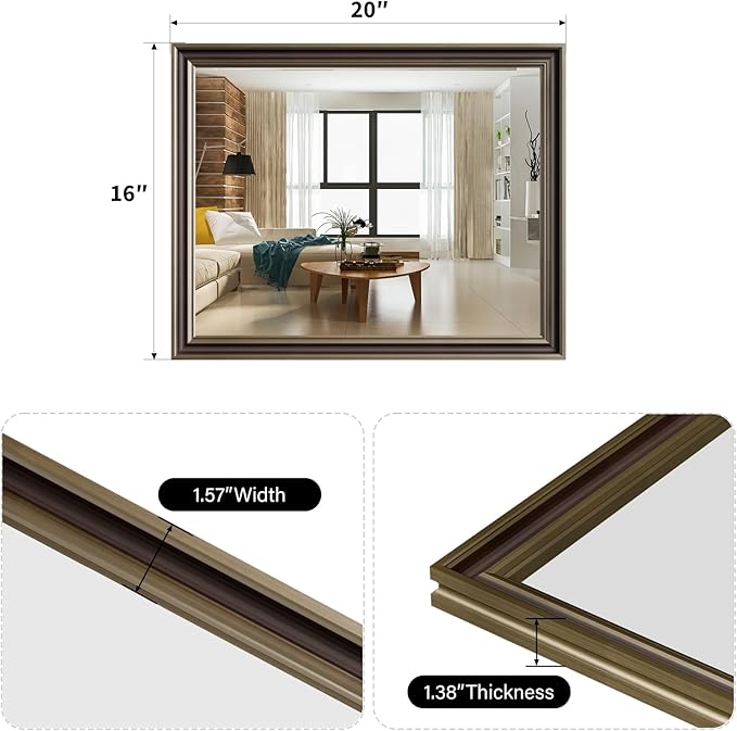 Retro Copper Effect Framed Wall Mirror, 16x20 Rectangle Mirror, Anti-desilvering Tempered Glass, Sustainable& Sturdy Frame, Farmhouse Mirror, Anti-Rust, 3min Fast Setup for Bathroom Living Room