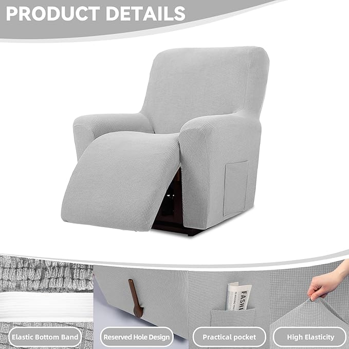 Cupuamon Recliner Chair Covers,Lazy Boy Recliner Covers Stretch Reclining Covers 1 Piece Furniture Protector with Elastic Bottom for Dog,Kids-Silver