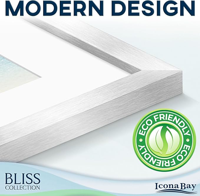 Icona Bay - 12x16 Silver Picture Frame with Removable Mat to 9x12 Photo - Modern Style Engineered Wood Poster Frame - Wall Mount Only - Bliss Collection