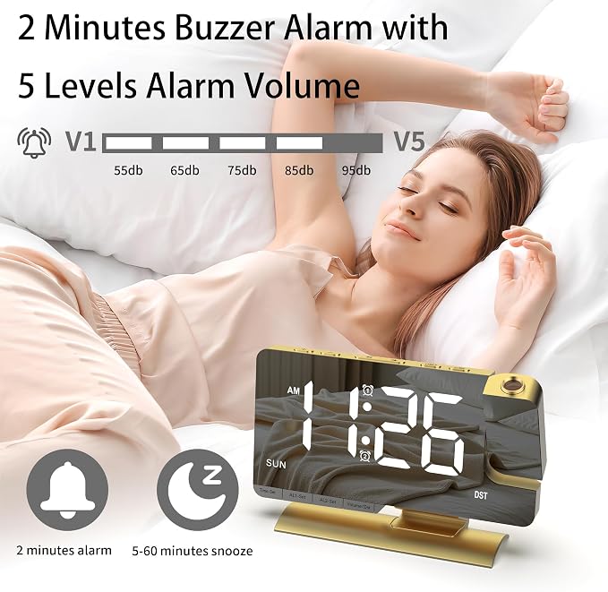 Projection Alarm Clock for Bedroom Ceiling, Gold Digital Clock Room Decor - Image 6
