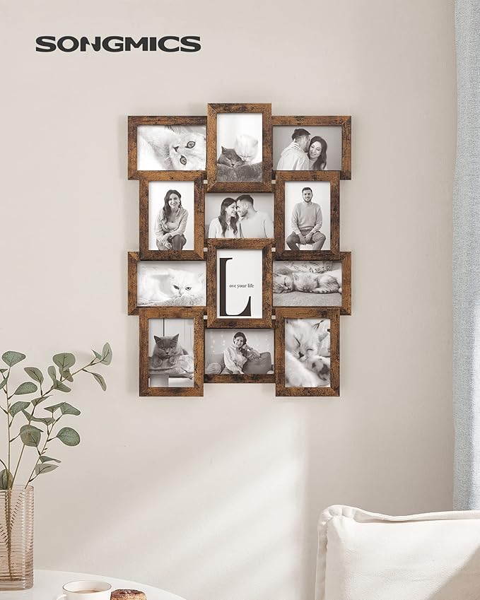 SONGMICS Collage Picture Frames, 4x6 for Wall Decor, Multi Family Photo for Gallery Decor, Hanging Display, Set of 12, Rustic Brown URPF026X01