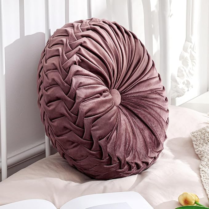 Drydiet 1 Pcs Round Throw Velvet Pillows Decorative Pleated Throw Pillows 15'' Diameter Accent Pumpkin Boho Chair Cushion for Couch Sofa Home Decoration (Dusty Rose)