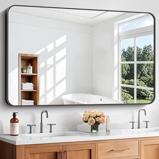 Bathroom Mirror, 55 x 36 inch Black Rectangle Wall Mirror, Metal Frame Rounded Corner Vanity Mirror, Large Wall Mounted Mirrors for Over Sink Bedroom Living Room Horizontal Or Vertical Mounting