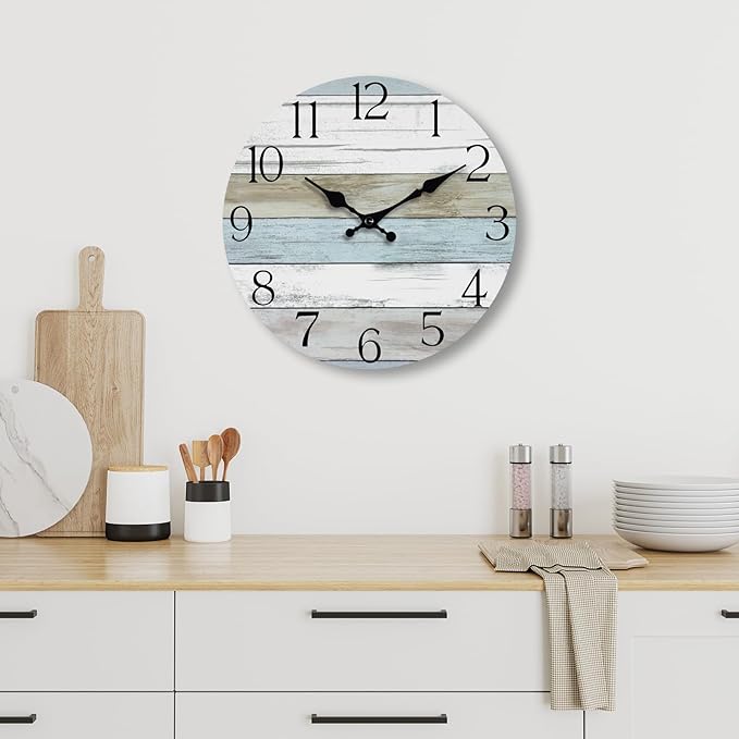 HYLANDA Wall Clock, 12 Inch Wall Clocks Battery Operated Silent Non Ticking, Wooden Clocks Decorative for Kitchen, Bathroom, Bedroom, Living Room Blue