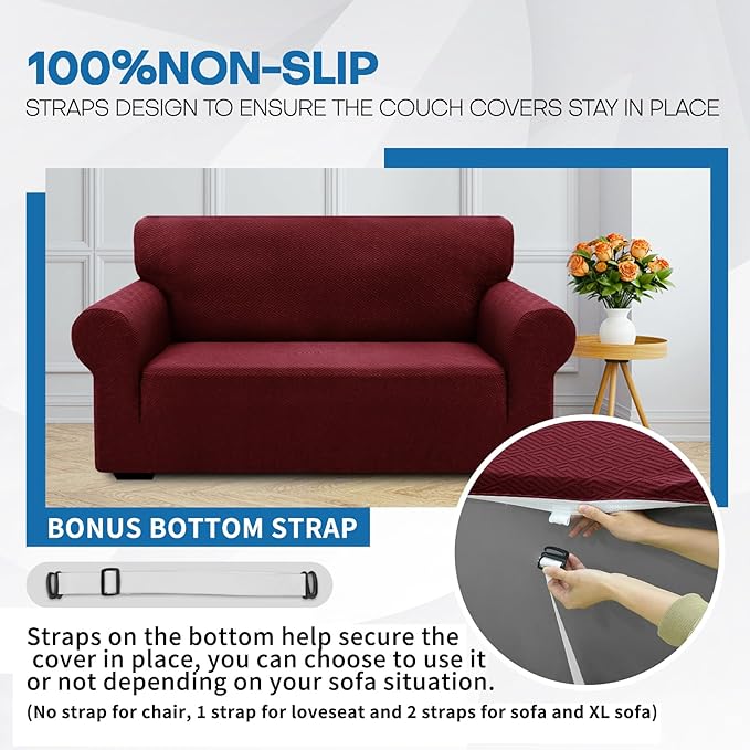 XINEAGE 2026 New 1 Piece Couch Covers for 2 Cushion (55"-69") Stretch Loveseat Sofa Cover Slipcover Jacquard Universal Furniture Protector with Elastic Bottom for Kids,Dog (Loveseat, Wine Red)
