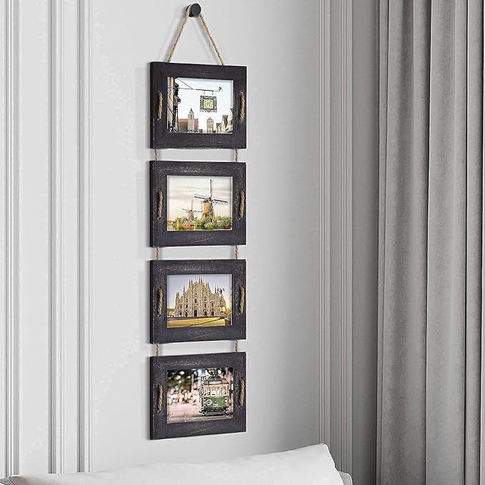 DLQuarts 5x7 Hanging Picture Frames Collage Wall Decor, 4-Opening, 3.5x5 With Mat or 5x7 Without Mat, Rustic Solid Wood Multi Picture Frames for Family, 1 Pack, Weathered Black